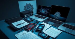 A collection of smartphones and laptops with a backdrop of a police badge, illustrating cyber crime investigation.
