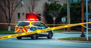 A police vehicle parked near a crime scene with caution tape and police cones, capturing a moment of law enforcement action.