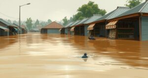 A flooded landscape in northern Nigeria with submerged market stalls and rising waters during a heavy rainstorm.