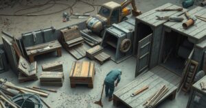 A construction site with tools, machinery, and makeshift living quarters showing harsh conditions and minimal facilities.