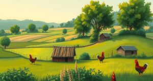 A serene Brazilian landscape with farms and poultry, showcasing vibrant green fields and poultry coops under a clear blue sky.