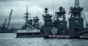 North Korean ship launch disaster with military equipment and chaotic shipyard setting
