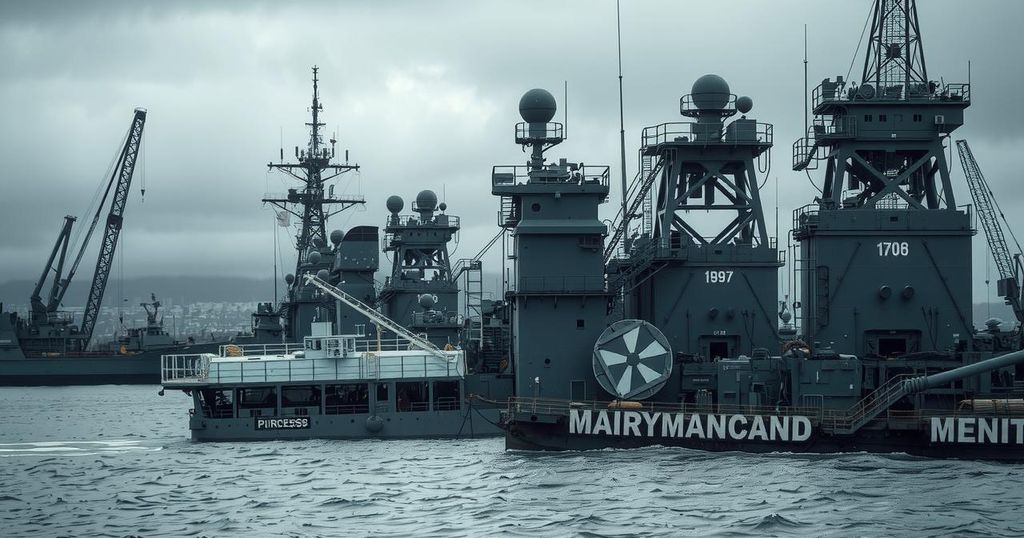 North Korean ship launch disaster with military equipment and chaotic shipyard setting