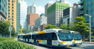 Electric buses in a city environment, showcasing green transportation with a vibrant urban landscape.