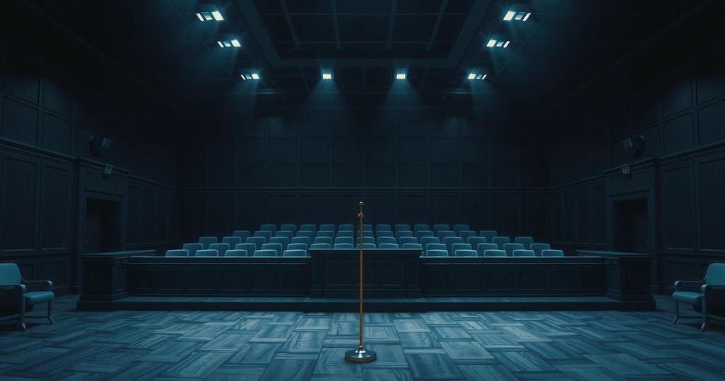 Dark, somber scene depicting a courtroom with shadows, reflecting themes of justice and consequence.