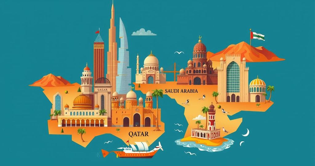 A colorful map of Middle Eastern countries highlighting travel destinations, featuring landmarks and cultural elements.