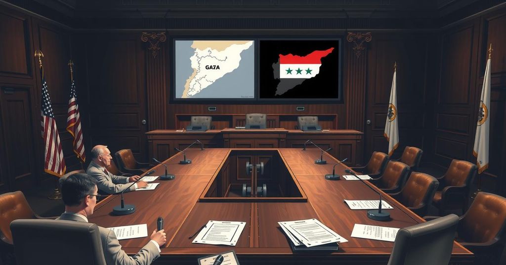 US Secretary of State discusses foreign relations amid geopolitical challenges in a formal Senate setting.