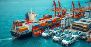 A ship carrying numerous electric vehicles, set against a port backdrop, showcasing transportation and international trade.