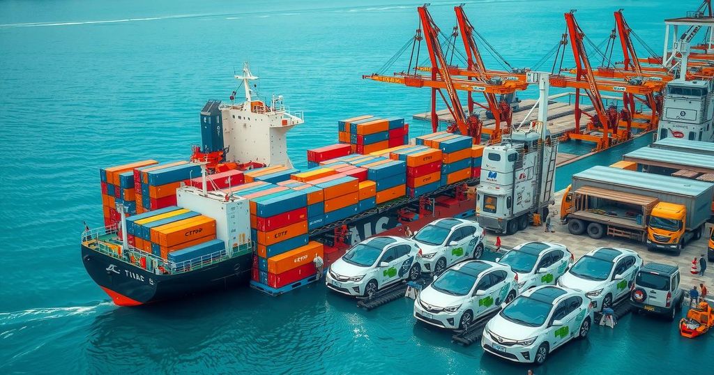A ship carrying numerous electric vehicles, set against a port backdrop, showcasing transportation and international trade.