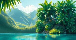 A serene view of a lush Hawaiian landscape showcasing the white tern in its natural habitat.
