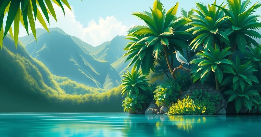 A serene view of a lush Hawaiian landscape showcasing the white tern in its natural habitat.
