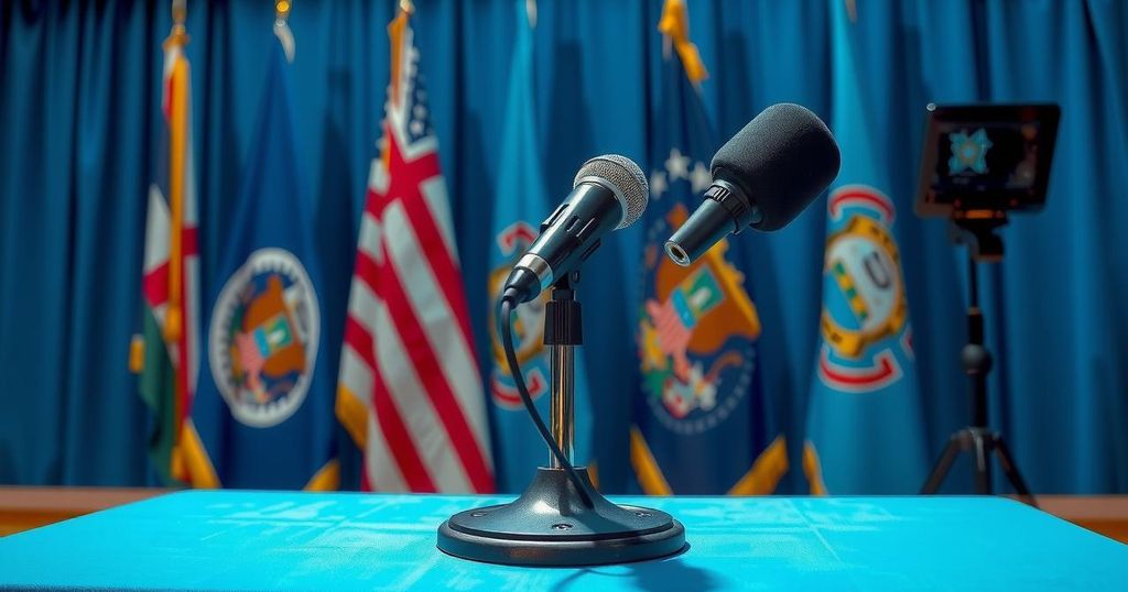 A tense press conference scene featuring reporters and a podium, in a vibrant realistic style with blue and gold colors.