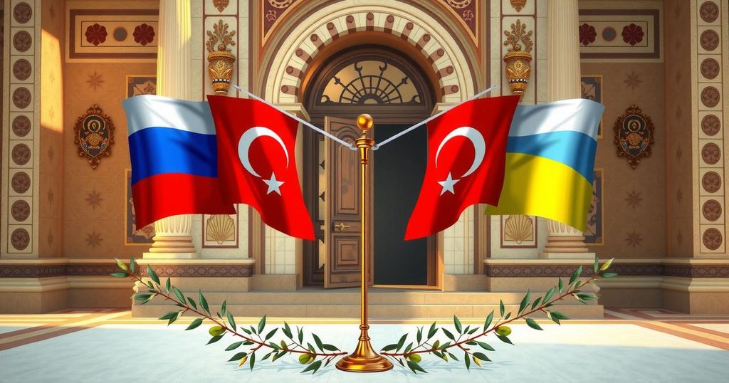 Turkiye bridges diplomacy between Russia and Ukraine with flags and symbols of peace in an elegant setting.