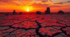 A somber scene depicting parched land under a vivid sunset, representing the water scarcity issues affecting Africa.