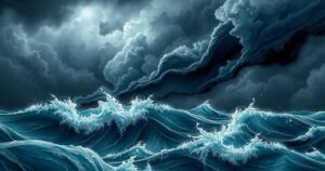 Stormy ocean scene with dark clouds and high waves to represent active hurricane forecast by NOAA.
