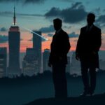 Three silhouettes representing men charged with espionage against a city skyline at dusk.