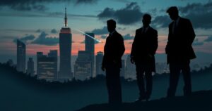 Three silhouettes representing men charged with espionage against a city skyline at dusk.