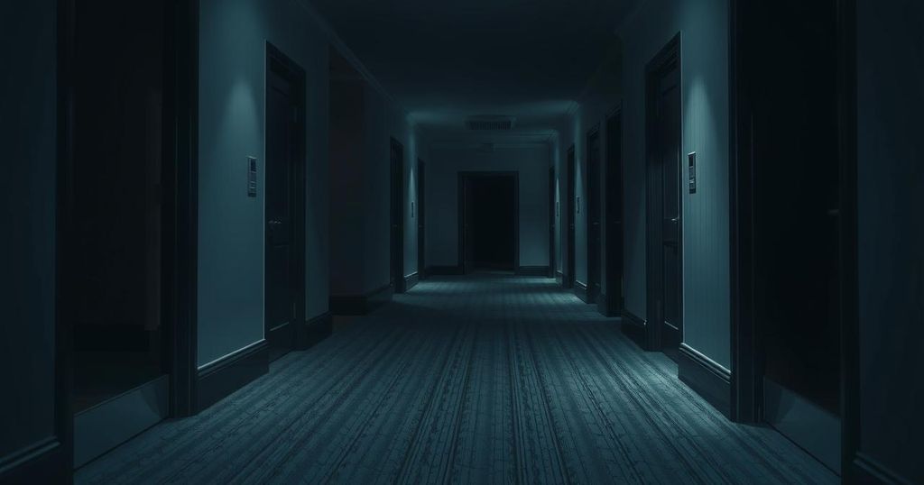 A tense hotel hallway with closed doors, dim lighting, and an eerie atmosphere, depicting a sense of danger and unease.