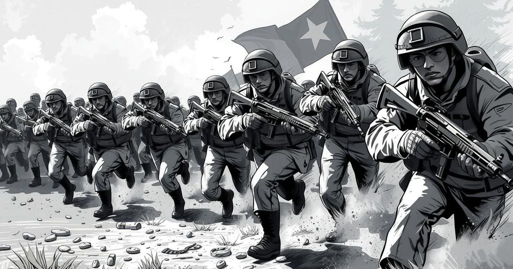 A stylized depiction of military preparedness in a monochromatic color scheme highlighting discipline and vigilance.