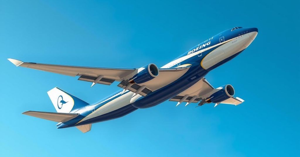A luxurious Boeing 747 jet against a clear blue sky, symbolizing air travel and aviation advancements.