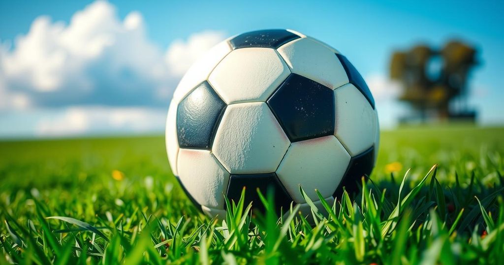 Colorful soccer ball on a vibrant green field under a clear blue sky, representing sports energy and excitement.