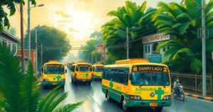 A scenic view of Lagos illustrating the vibrant city life, featuring danfo buses and lush greenery under a bright sky.