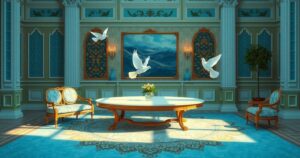 A peaceful negotiation scene representing diplomacy and unity with a mix of soft blues and greens in a realistic style.