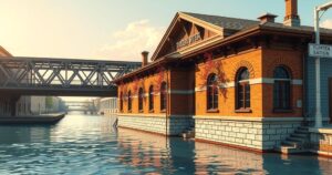 Renovated railway station by Tumen River showcasing architectural details and connectivity to Russia.