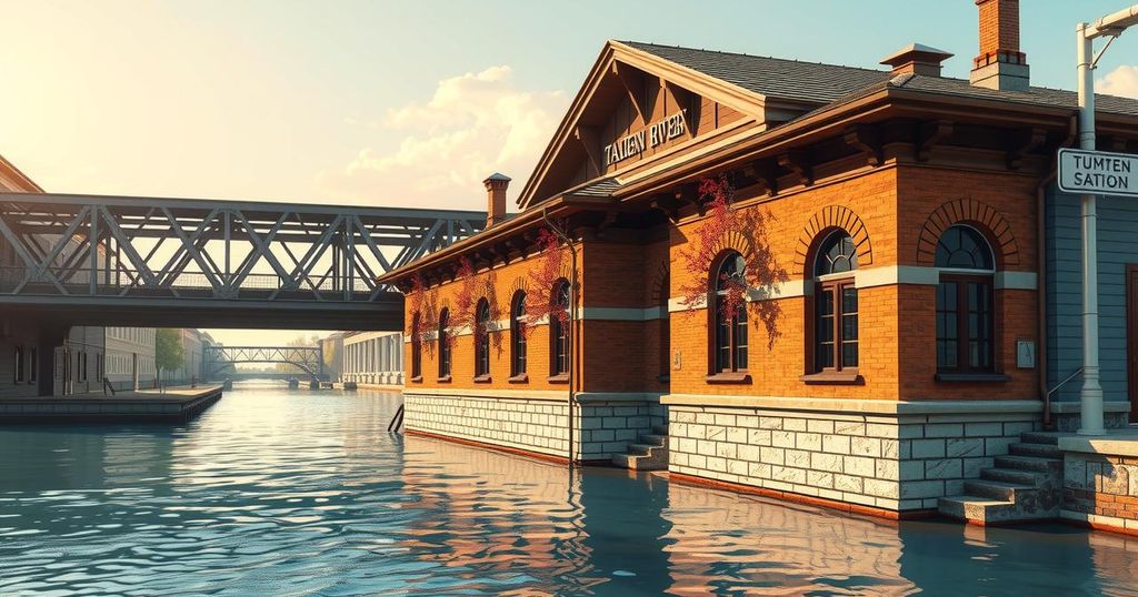 Renovated railway station by Tumen River showcasing architectural details and connectivity to Russia.