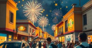 Carnival celebration in Syrian streets with fireworks and joyful atmosphere after sanctions lifted.