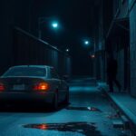 A dark alleyway at night with a parked vehicle and shadowy figures in the background, conveying a sense of tension.