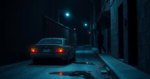 A dark alleyway at night with a parked vehicle and shadowy figures in the background, conveying a sense of tension.
