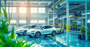 Conceptual depiction of electric vehicle assembly in Egypt with modern factories and eco-friendly elements.