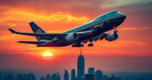 A sleek Boeing 747-8 with vibrant colors soaring above a city skyline, symbolizing luxury and political intrigue.