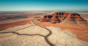 Aerial view of South African landscape showcasing rising land amidst barren terrain under a blue sky.