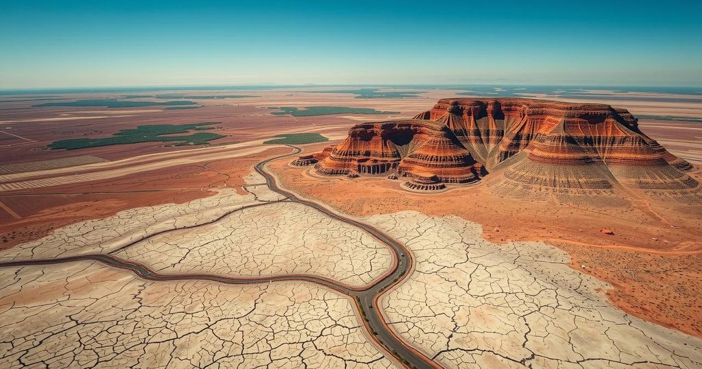 Aerial view of South African landscape showcasing rising land amidst barren terrain under a blue sky.