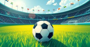 A vivid soccer scene depicting a football pitch with colorful flags and a prominent soccer ball, representing sports leadership.