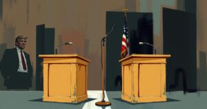 A tense Senate hearing scene with abstract representations of debate and disagreement in muted colors.