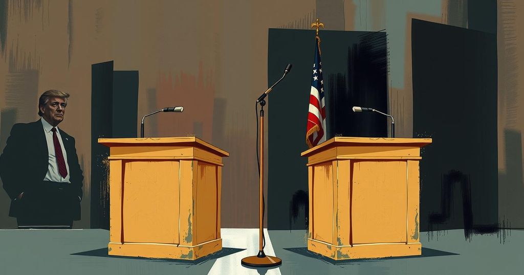 A tense Senate hearing scene with abstract representations of debate and disagreement in muted colors.