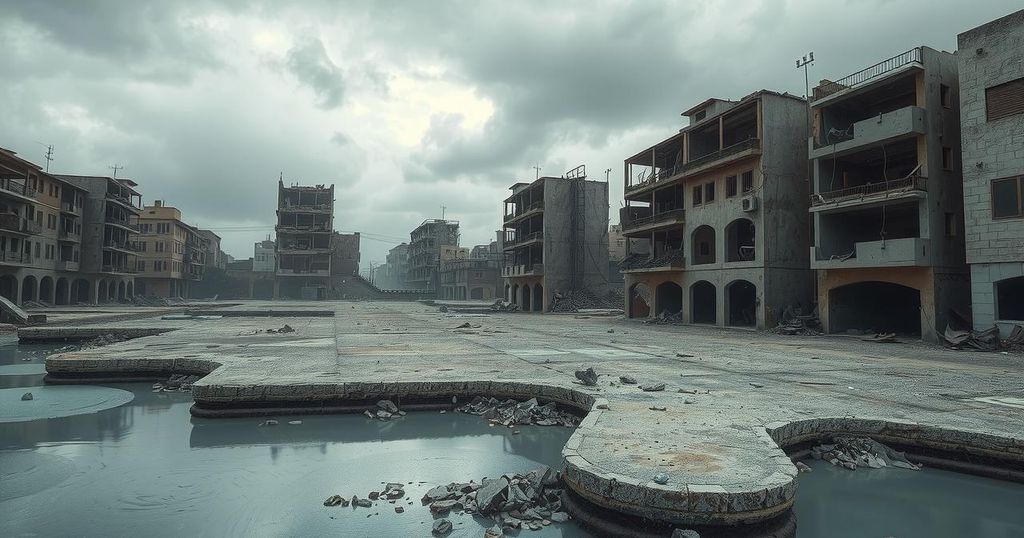 A desolate urban landscape showing broken buildings and stagnant water, symbolizing crisis and hardship in Sudan.
