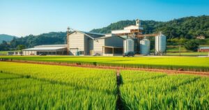 A vast agricultural landscape showcasing a rice mill project with modern technology and green fields.