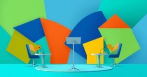 Abstract representation of a government press conference with vibrant colors and geometric shapes symbolizing dialogue.
