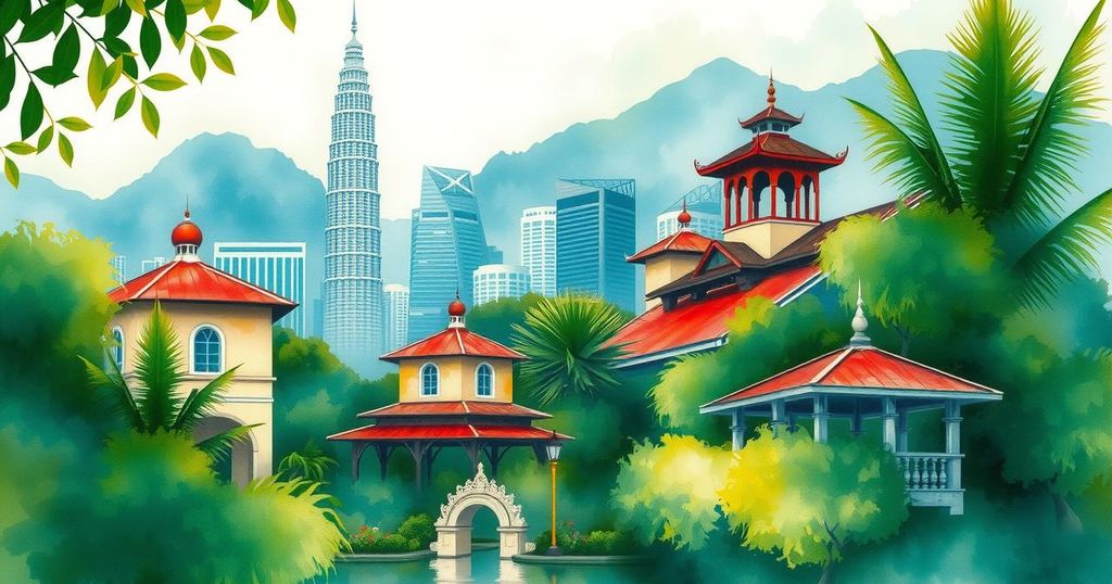 A scenic view of Malaysia's landscape featuring a lush green background and iconic buildings under a bright blue sky.