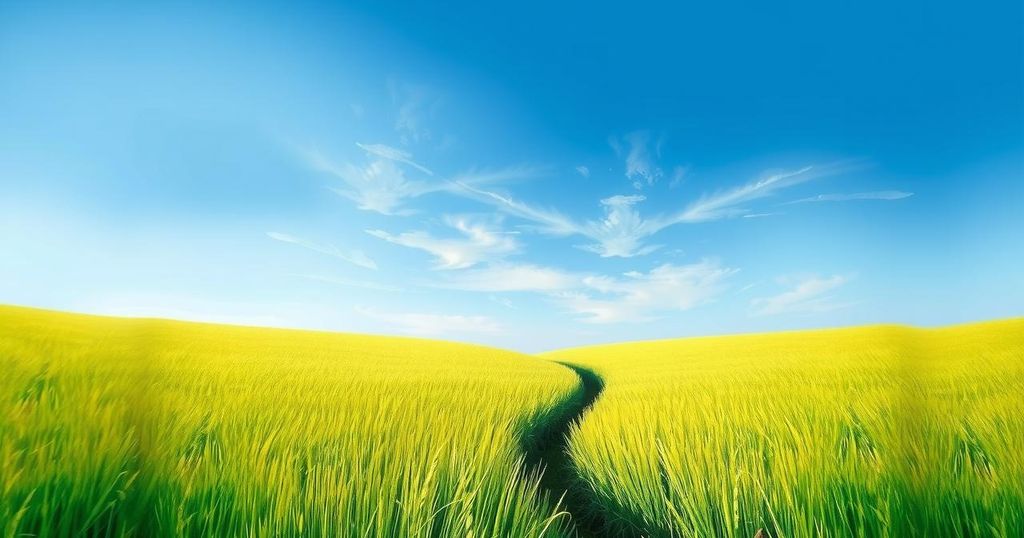 A serene landscape of South Sudan featuring lush grass and a clear blue sky, symbolizing hope and resilience.