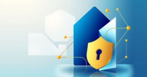 Illustration of a financial concept with parametric insurance motifs and abstract geometric shapes in blue and gold tones.