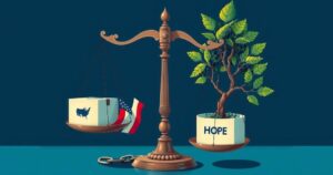 A metaphorical representation of democracy being upheld by balances, highlighting struggle against injustice and oppression.