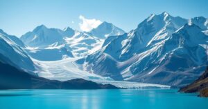 Majestic view of the Himalayas with glacial lakes under a blue sky, showcasing nature's beauty and climate impact.