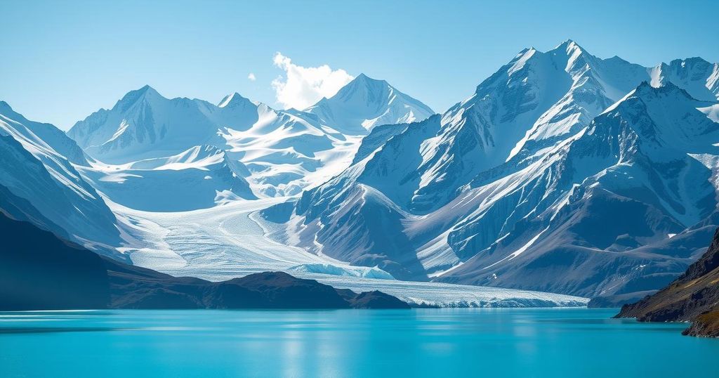 Majestic view of the Himalayas with glacial lakes under a blue sky, showcasing nature's beauty and climate impact.