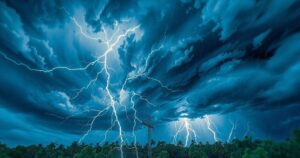Dramatic storm clouds swirling above a landscape, with flashes of lightning and rainfall symbolizing extreme weather events.