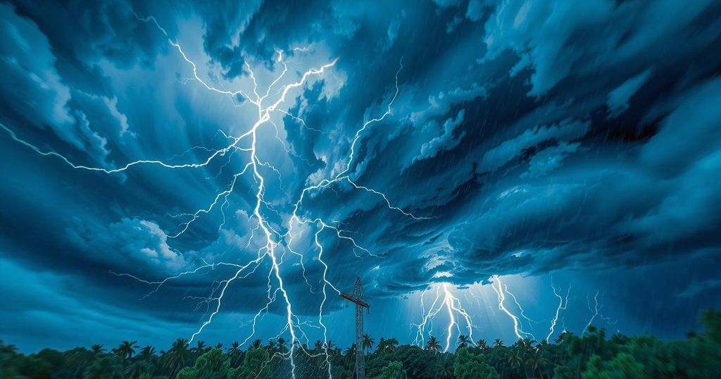Dramatic storm clouds swirling above a landscape, with flashes of lightning and rainfall symbolizing extreme weather events.